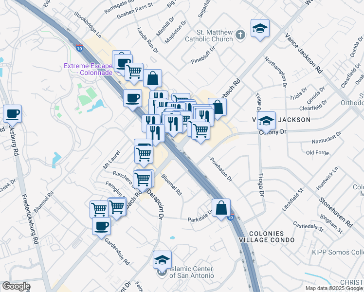 map of restaurants, bars, coffee shops, grocery stores, and more near 9900 Wurzbach Road in San Antonio
