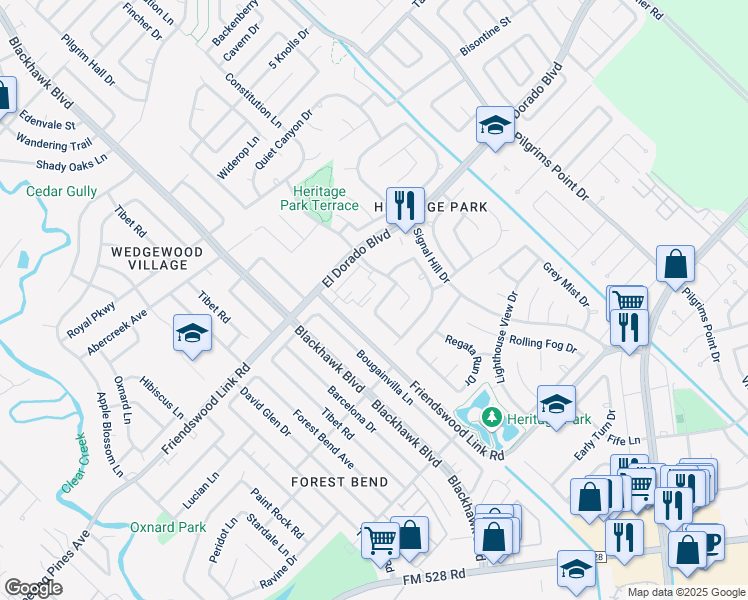 map of restaurants, bars, coffee shops, grocery stores, and more near 16922 Echo Harbor in Friendswood