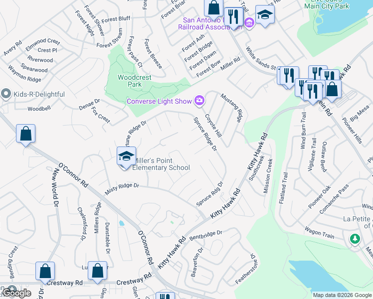 map of restaurants, bars, coffee shops, grocery stores, and more near 7314 Mystery Ridge Drive in Converse