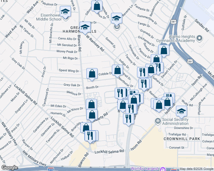 map of restaurants, bars, coffee shops, grocery stores, and more near 519 Booth Drive in San Antonio