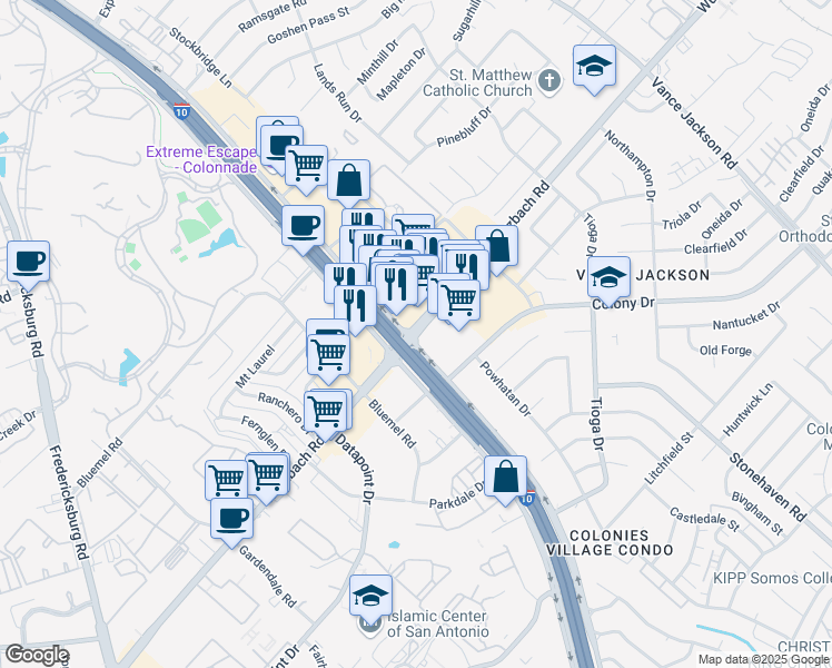 map of restaurants, bars, coffee shops, grocery stores, and more near 9859 Interstate 10 in San Antonio