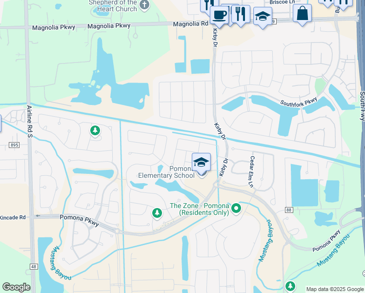 map of restaurants, bars, coffee shops, grocery stores, and more near 2518 Deerwood Heights Lane in Manvel