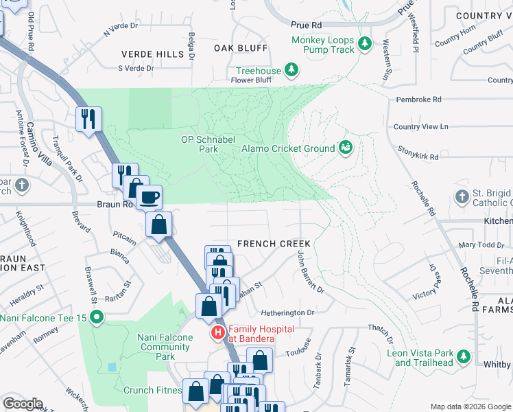 map of restaurants, bars, coffee shops, grocery stores, and more near 7601 Tippit Trail in San Antonio