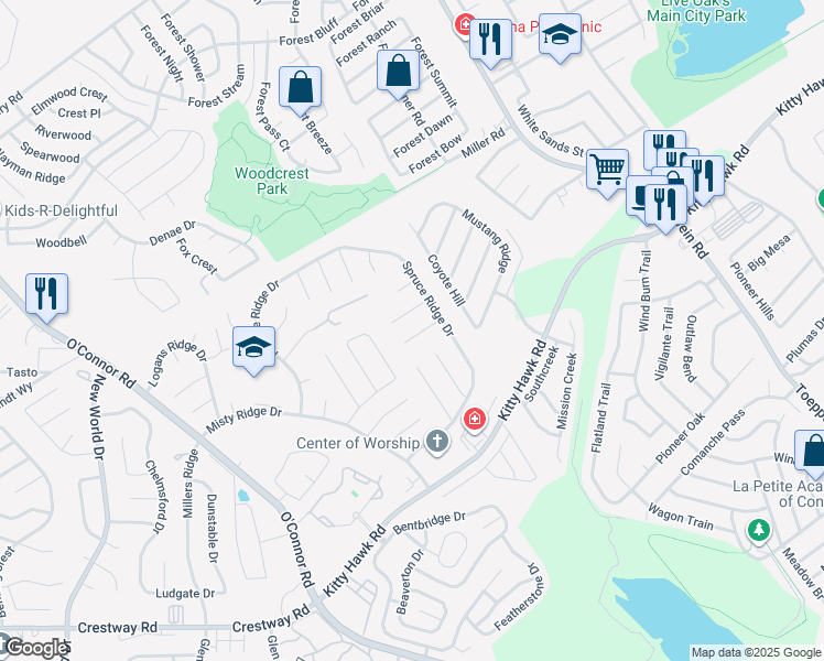 map of restaurants, bars, coffee shops, grocery stores, and more near 7314 Mystery Ridge Drive in Converse