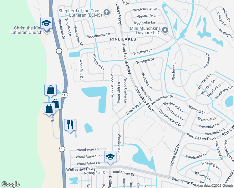 map of restaurants, bars, coffee shops, grocery stores, and more near 22 Wood Clift Lane in Palm Coast