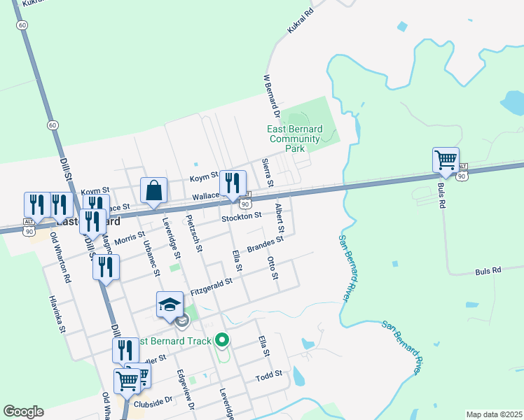 map of restaurants, bars, coffee shops, grocery stores, and more near 215 Main Street in East Bernard