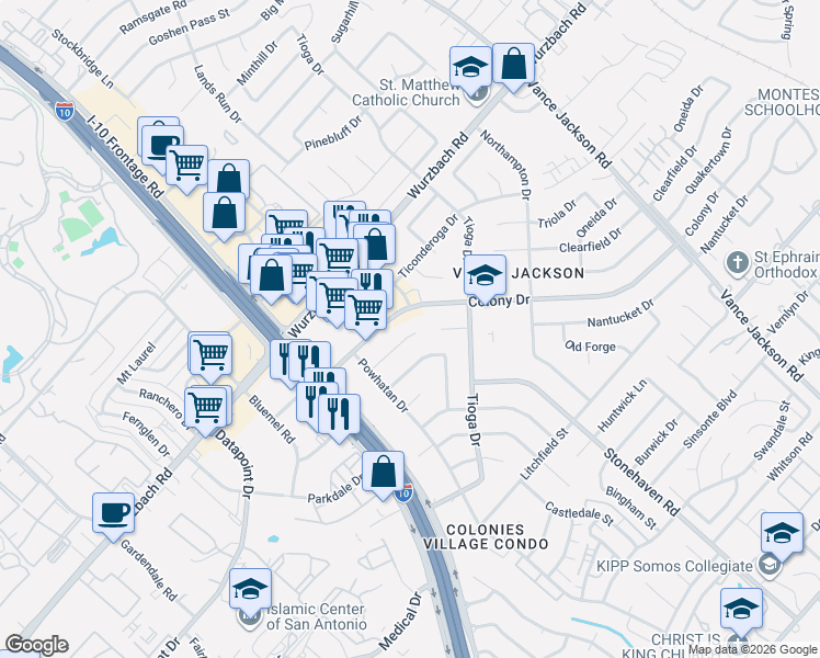 map of restaurants, bars, coffee shops, grocery stores, and more near 3706 Colony Drive in San Antonio