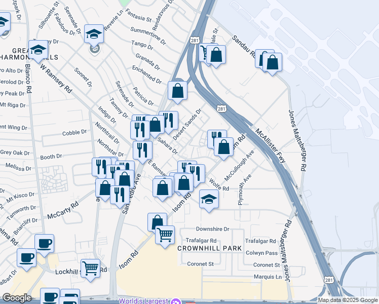 map of restaurants, bars, coffee shops, grocery stores, and more near 10343 Sahara St in San Antonio