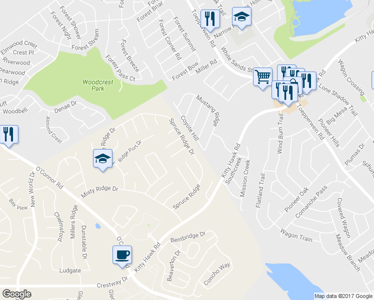 map of restaurants, bars, coffee shops, grocery stores, and more near 7334 Ridge Beach Drive in Converse