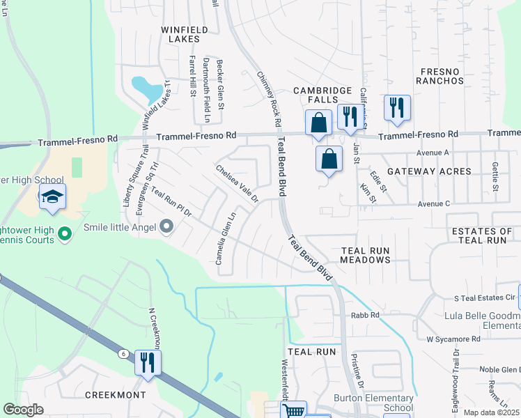 map of restaurants, bars, coffee shops, grocery stores, and more near 3835 Aerial Brook Trail in Fresno