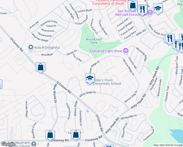 map of restaurants, bars, coffee shops, grocery stores, and more near 9815 Fortune Ridge Drive in Converse