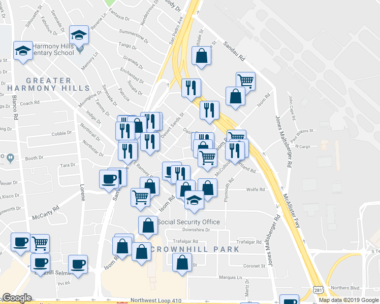 map of restaurants, bars, coffee shops, grocery stores, and more near 10363 Sahara Street in San Antonio