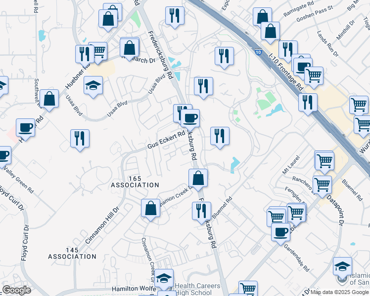 map of restaurants, bars, coffee shops, grocery stores, and more near 9835 Fredericksburg Road in San Antonio