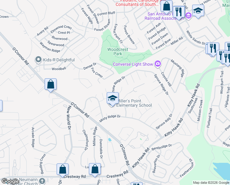 map of restaurants, bars, coffee shops, grocery stores, and more near 9815 Fortune Ridge Drive in Converse