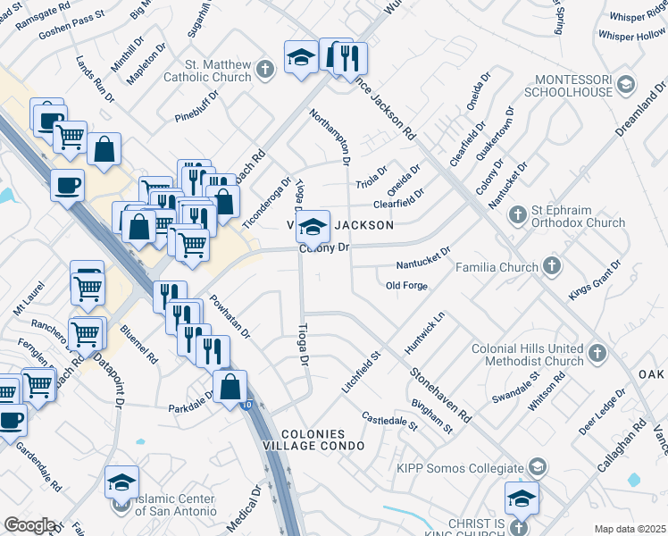 map of restaurants, bars, coffee shops, grocery stores, and more near 9915 Northampton Drive in San Antonio