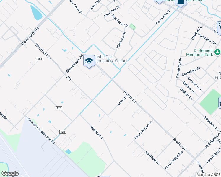map of restaurants, bars, coffee shops, grocery stores, and more near 604 Rustic Lane in Friendswood
