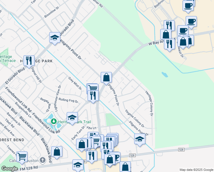 map of restaurants, bars, coffee shops, grocery stores, and more near 15 West Bay Area Boulevard in Webster