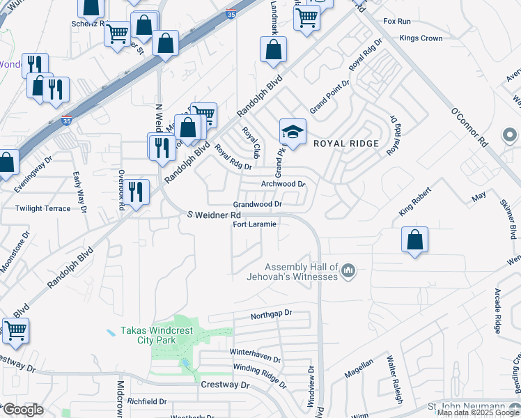 map of restaurants, bars, coffee shops, grocery stores, and more near 5824 Grandwood Drive in San Antonio