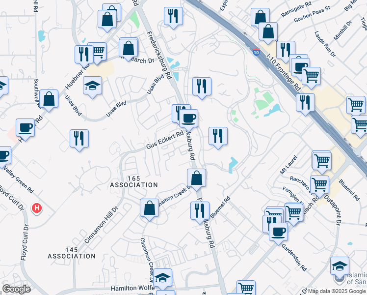 map of restaurants, bars, coffee shops, grocery stores, and more near 9835 Fredericksburg Road in San Antonio