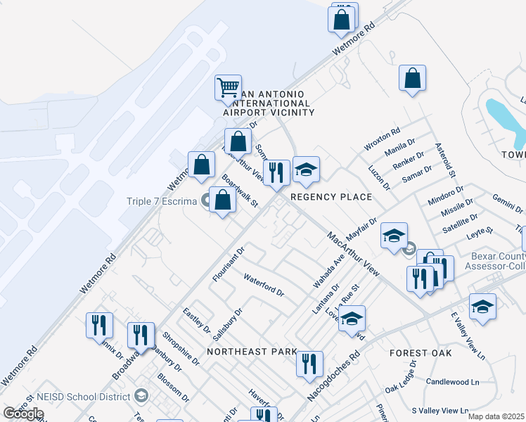 map of restaurants, bars, coffee shops, grocery stores, and more near 10101 Broadway in San Antonio