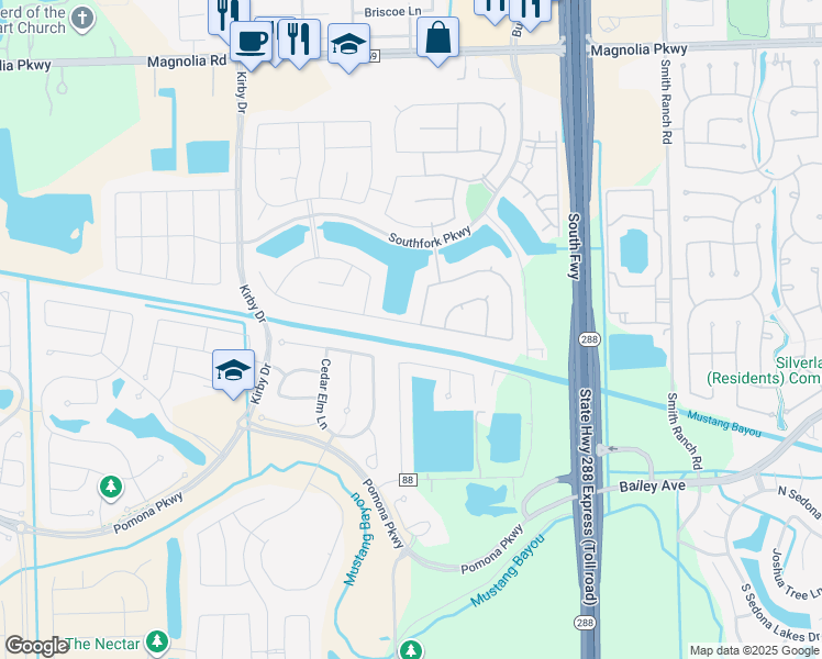 map of restaurants, bars, coffee shops, grocery stores, and more near 2922 Brahman Drive in Manvel