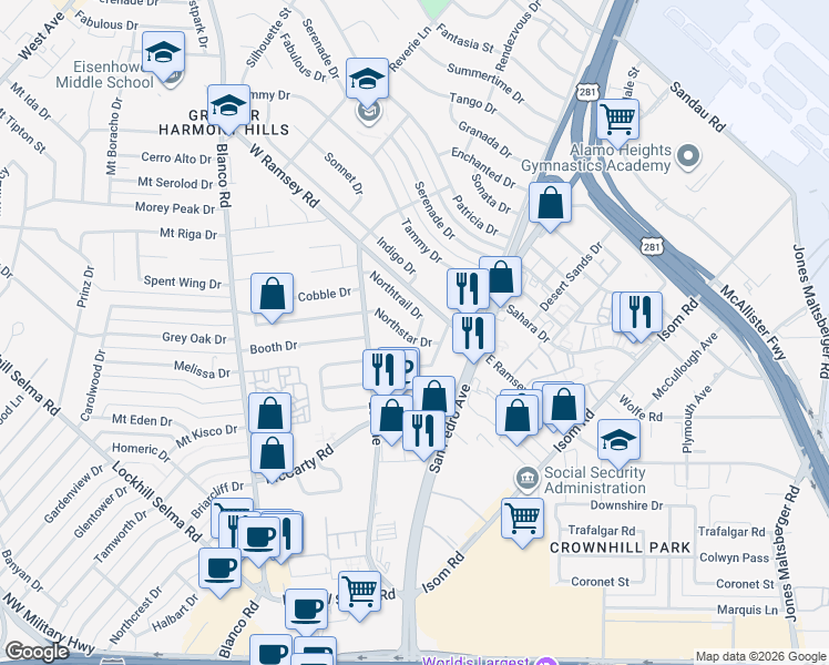 map of restaurants, bars, coffee shops, grocery stores, and more near 403 Northstar Drive in San Antonio