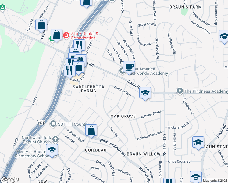 map of restaurants, bars, coffee shops, grocery stores, and more near 9814 Autumn Silver in San Antonio