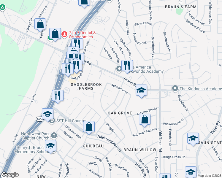 map of restaurants, bars, coffee shops, grocery stores, and more near 9814 Autumn Silver in San Antonio