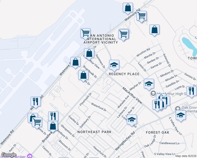 map of restaurants, bars, coffee shops, grocery stores, and more near 10101 Broadway in San Antonio