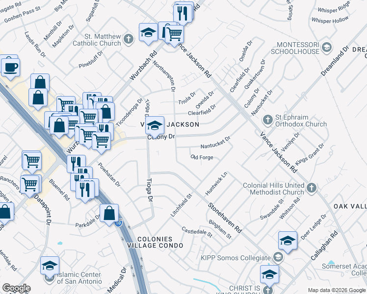 map of restaurants, bars, coffee shops, grocery stores, and more near 3423 Nantucket Drive in San Antonio