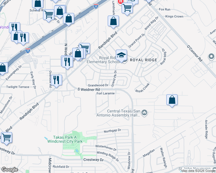 map of restaurants, bars, coffee shops, grocery stores, and more near 5824 Grandwood Drive in San Antonio