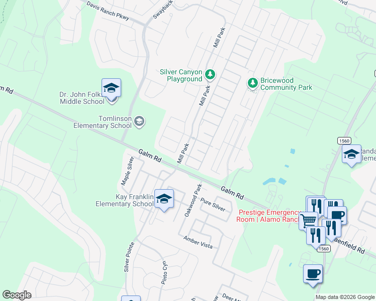 map of restaurants, bars, coffee shops, grocery stores, and more near 9607 Mill Path in San Antonio