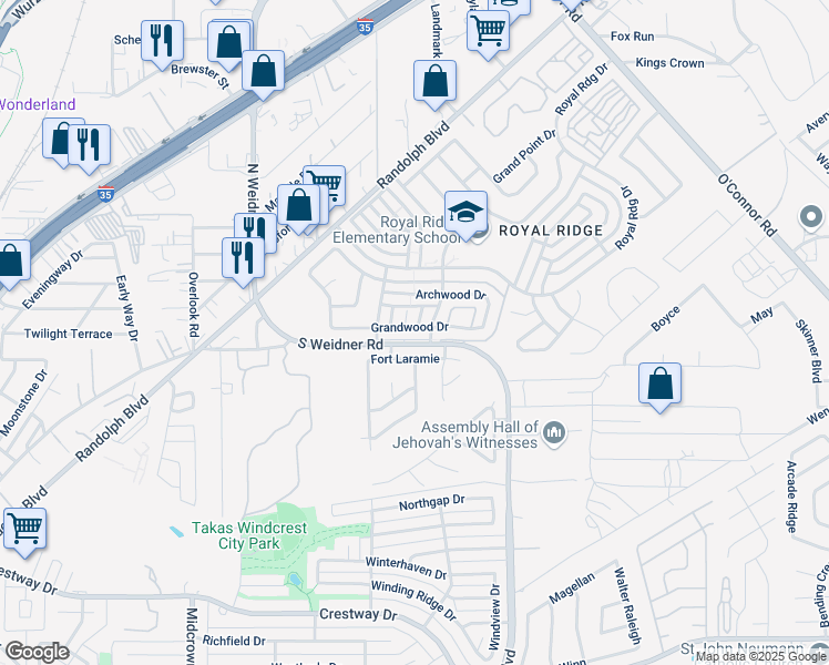 map of restaurants, bars, coffee shops, grocery stores, and more near 5824 Grandwood Drive in San Antonio