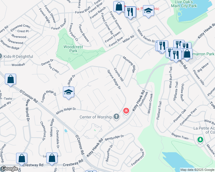 map of restaurants, bars, coffee shops, grocery stores, and more near 7314 Mystery Ridge Dr in Converse
