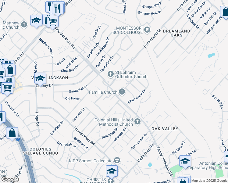 map of restaurants, bars, coffee shops, grocery stores, and more near 5510 Vance Jackson Road in San Antonio