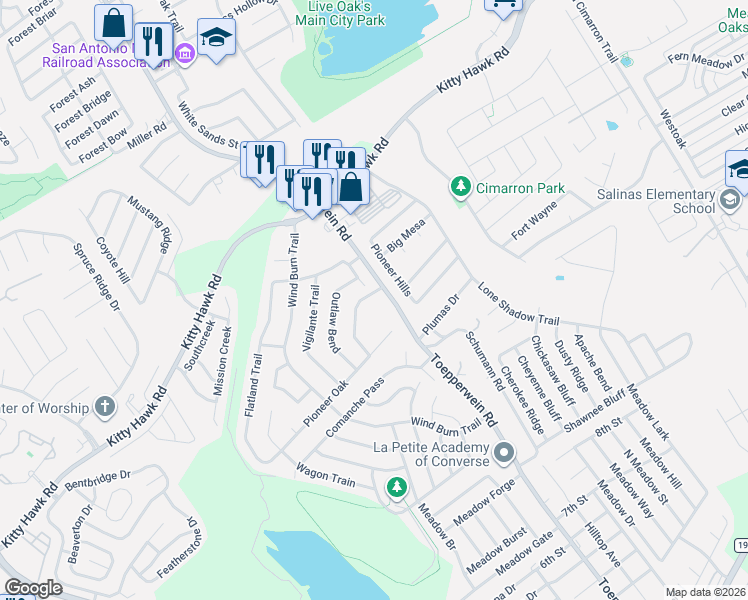 map of restaurants, bars, coffee shops, grocery stores, and more near 10330 Margarita Hill in Converse