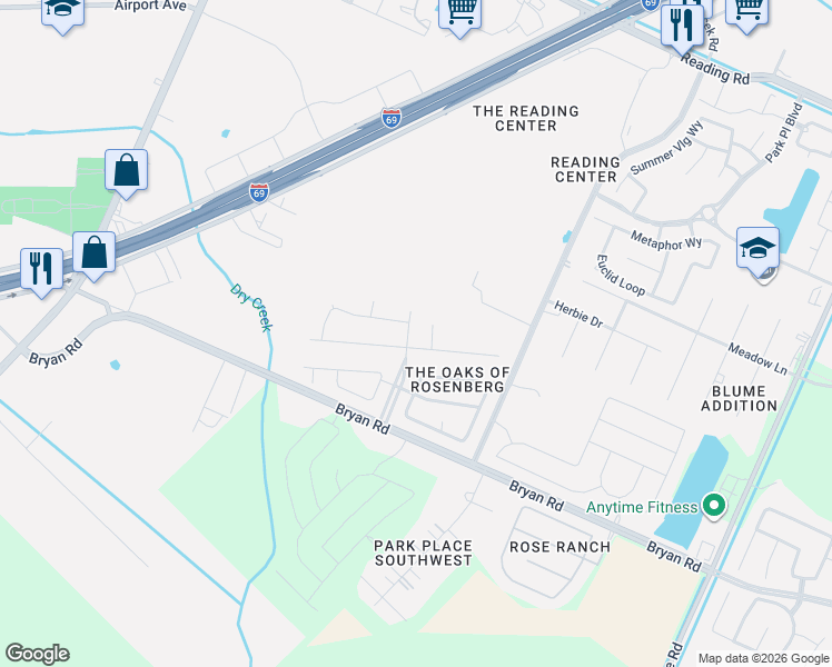 map of restaurants, bars, coffee shops, grocery stores, and more near 5522 Banner Lane in Rosenberg
