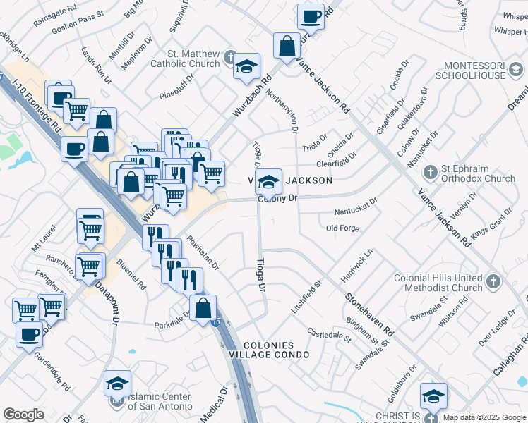 map of restaurants, bars, coffee shops, grocery stores, and more near 10002 Tioga Drive in San Antonio