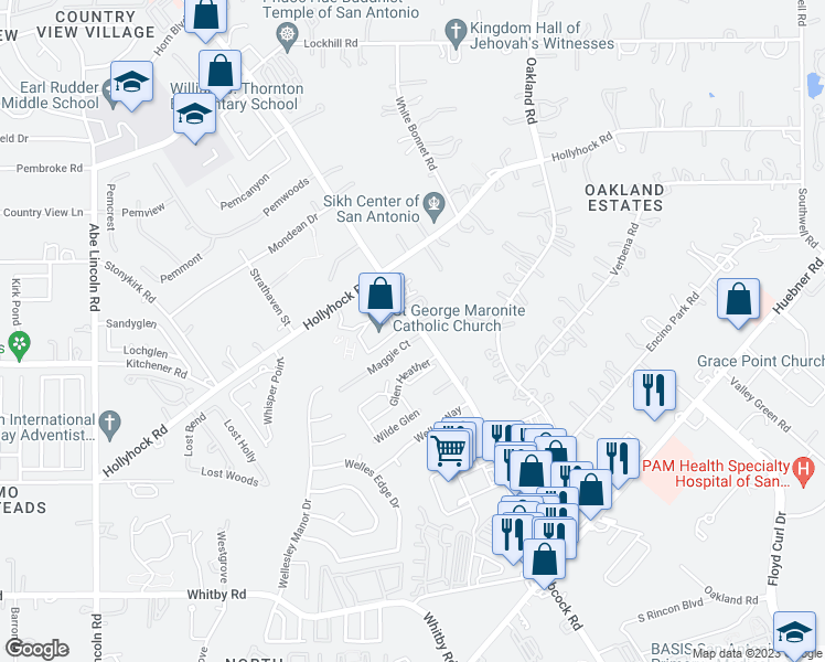 map of restaurants, bars, coffee shops, grocery stores, and more near 9143 Maggie Court in San Antonio