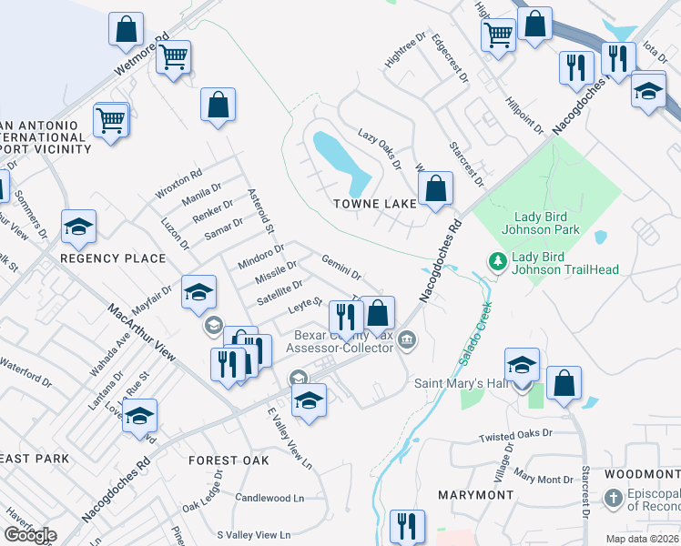 map of restaurants, bars, coffee shops, grocery stores, and more near 9815 Gemini Drive in San Antonio