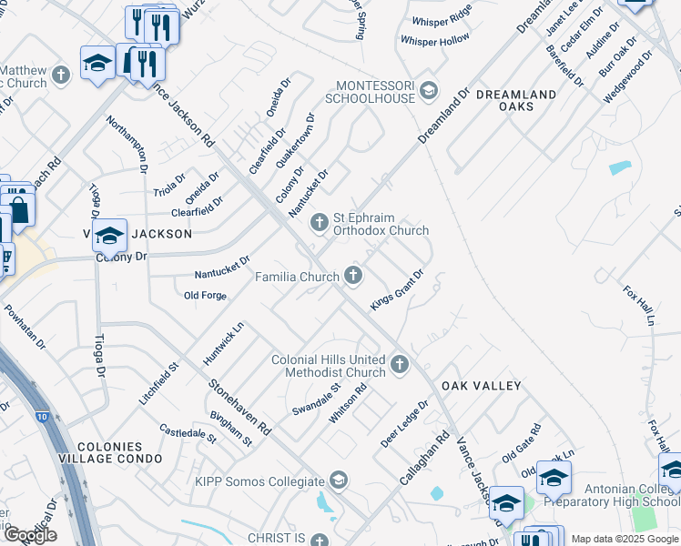 map of restaurants, bars, coffee shops, grocery stores, and more near 5510 Vance Jackson Road in San Antonio