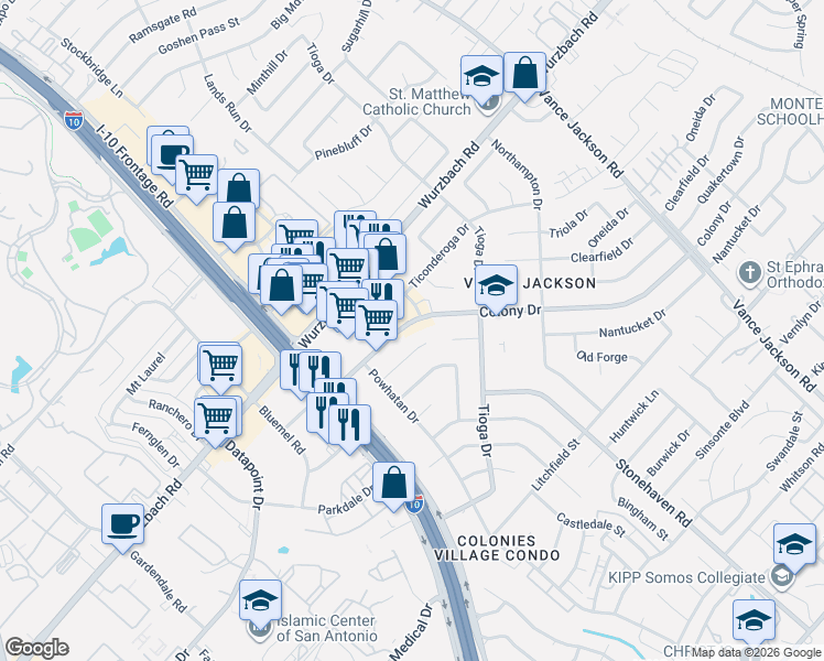 map of restaurants, bars, coffee shops, grocery stores, and more near 3706 Colony Drive in San Antonio