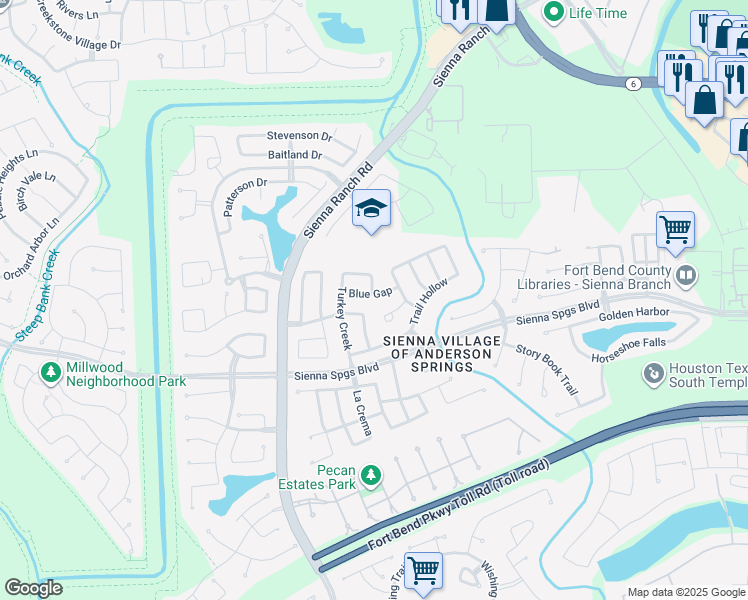 map of restaurants, bars, coffee shops, grocery stores, and more near 7502 Blue Gap in Missouri City