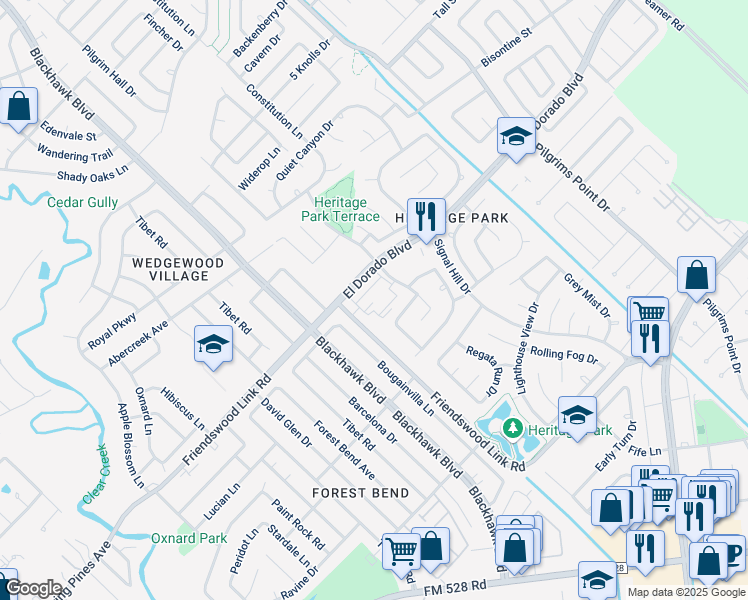 map of restaurants, bars, coffee shops, grocery stores, and more near 16922 Echo Harbor in Friendswood