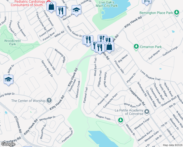 map of restaurants, bars, coffee shops, grocery stores, and more near 10331 Wind Burn Trail in Converse