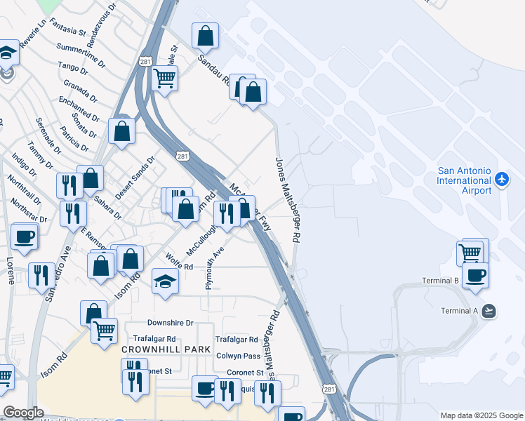 map of restaurants, bars, coffee shops, grocery stores, and more near 10101 Reunion Place in San Antonio