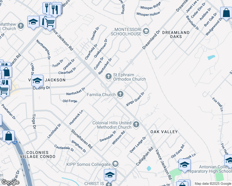 map of restaurants, bars, coffee shops, grocery stores, and more near 5510 Vance Jackson Road in San Antonio