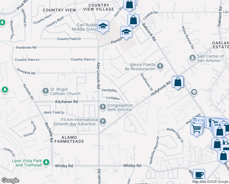 map of restaurants, bars, coffee shops, grocery stores, and more near 10146 Sandyglen in San Antonio