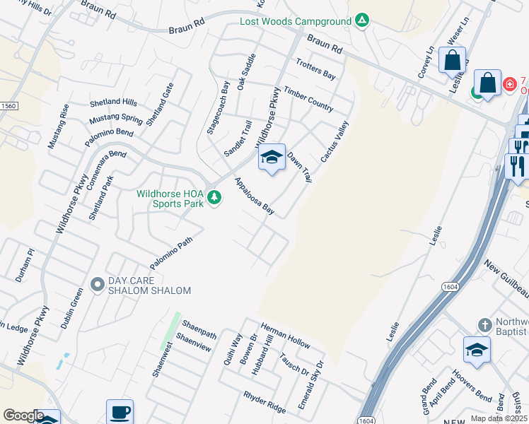 map of restaurants, bars, coffee shops, grocery stores, and more near 10319 Appaloosa Bay in San Antonio