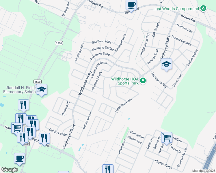 map of restaurants, bars, coffee shops, grocery stores, and more near 9607 Shetland Court in San Antonio